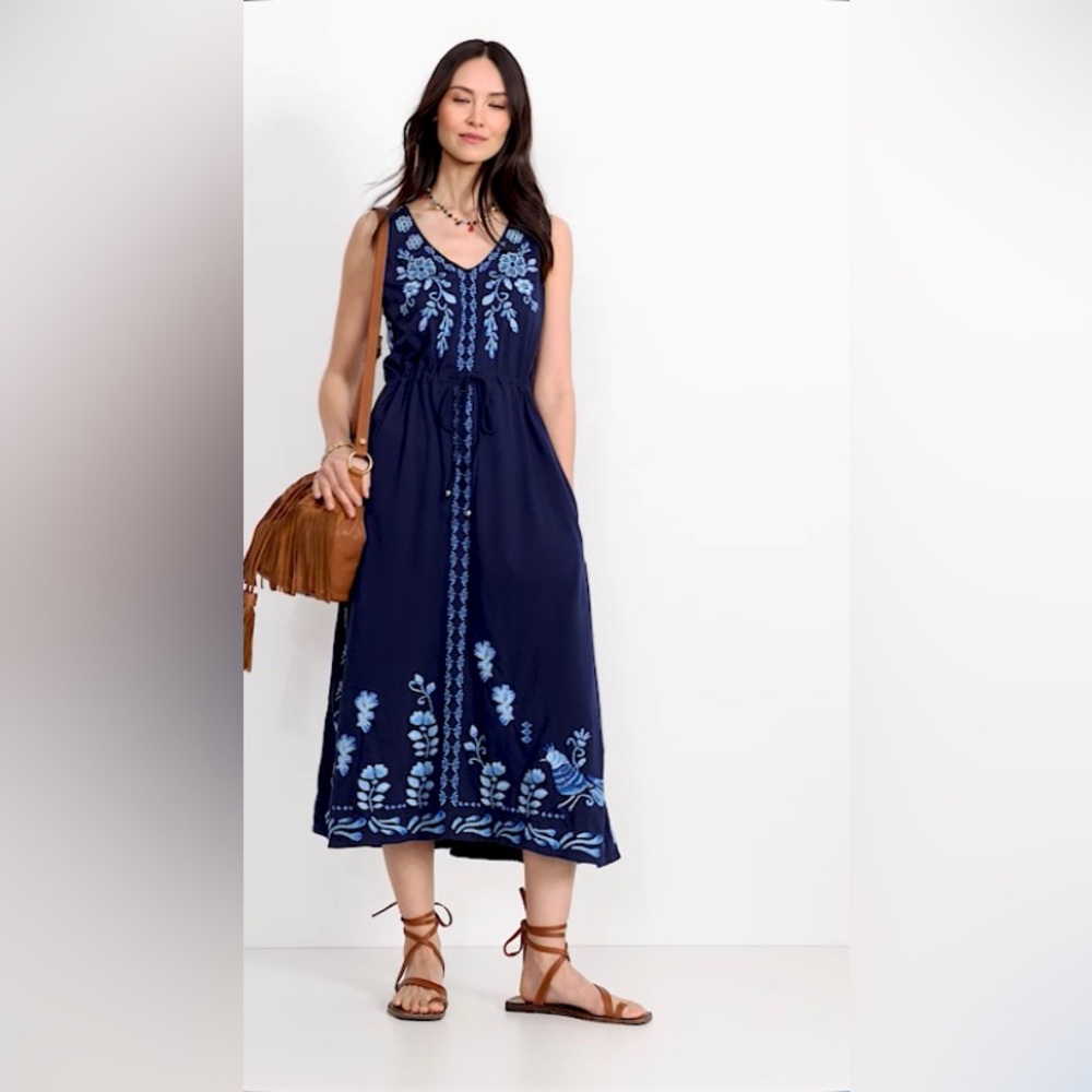 Johnny Was Navy Embroidered V-Neck Tank Midi Dress,S. NWT.